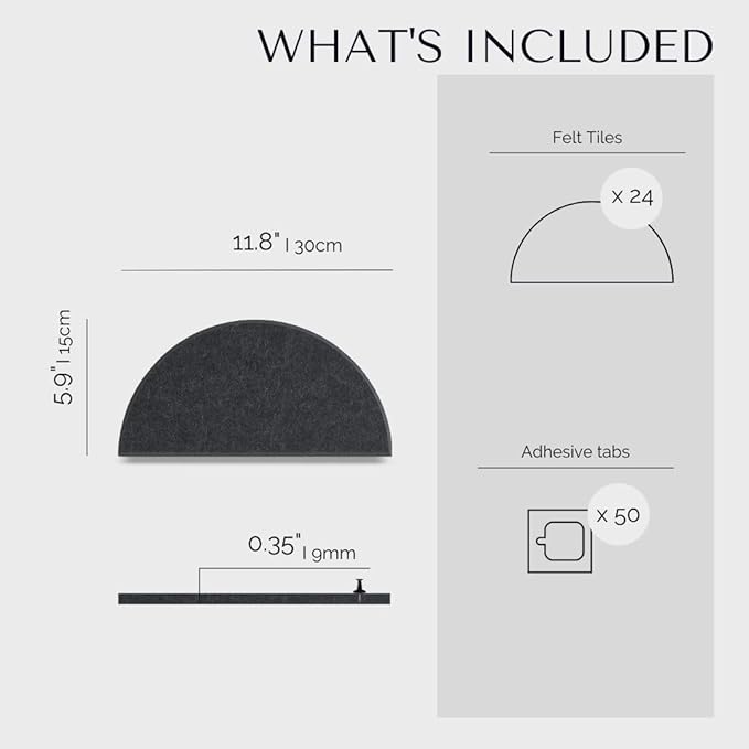 Large Bulletin Board Kit 48x36- Minimalist Wall Art to Replace Your Old Cork Boards for Walls for Office Decor - 24-Pack Semi-Circle Felt Wall Tiles for Home Office Décor (Midnight Black)