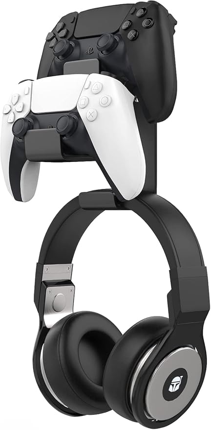 MoKo Controller Holder, Dual Gamepad Controller & Headphone Hanger for Xbox One, Xbox 360, PS3, PS4, PS5, PC, STEAM, Switch/Switch 2, Wall Mount Stand for All Universal Headsets, Black