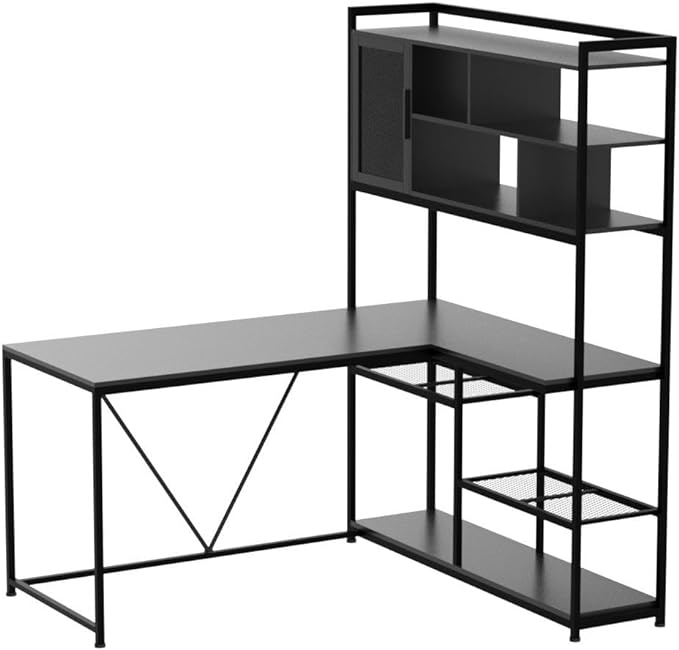 SEDETA L Shaped Computer Desk, 58'' Office Desk with LED Light and Bookshelf, L Shaped Corner Desk with Storage Shelves for Home Office, Gaming Desk, L Desk, Black