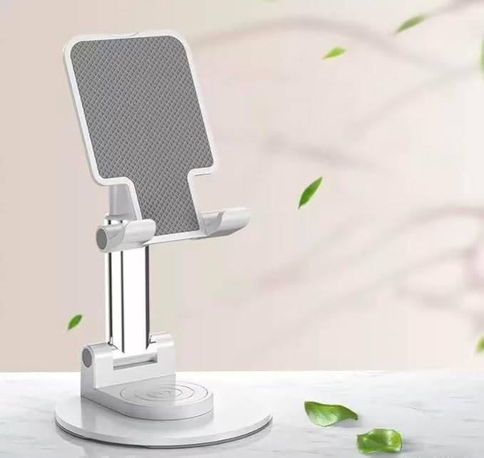 Cell Phone Stand, 360 Rotating Phone Stand, Fully Adjustable and Foldable Desktop Phone Stand. The Base of The Stand is Suitable for All Types of Mobile Phones. (White)