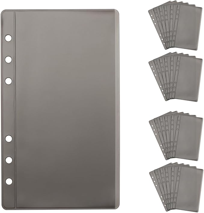 NatSumeBasics 24 Cash Envelopes & PVC Sheet Protectors for 6 Rings A6 Binders - Zipless Budget Binder Inserts (Black)