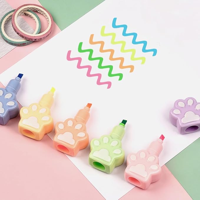 Set of 5 Cute Cats Paw Shape Color Highlighter Markers with 1 Cap, Multicolor Highlighter Pens for Office.