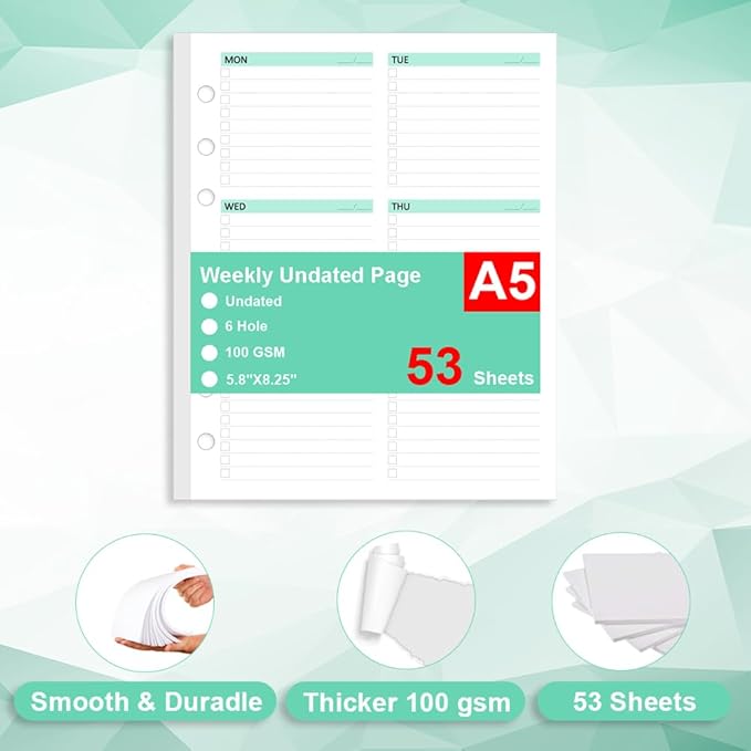 Undated Weekly Planner Refills for A5 Planner Binder - 53 Sheets/106 Pages Undated Colorful Weekly Planner Inserts, 6-Hole Punched, Weekly Plan (Left), Daily Details (Right), A5 Planner Inserts, Lasts 1 Year, Undated, 5.8" x 8.25"