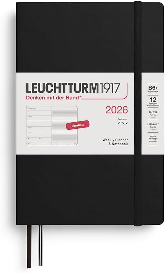 LEUCHTTURM1917 - Weekly Planner & Notebook 2026, Softcover, Paperback (B6+), Ruled, Black (Jan 1 - Dec 31, 2026)