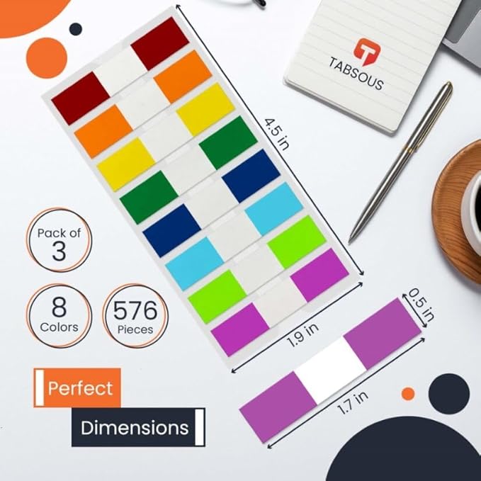 Tabsous 576 Sticky Tabs - Repositionable, Writable Index Tabs & Page Flags for Books, Files, and Notes - Transparent Colored Markers for Organizing, Highlighting, Classifying Documents (08 Colors)