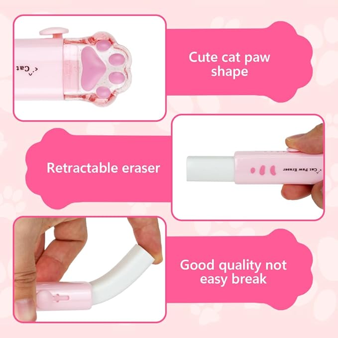 6 Pcs Cat Paw Stationery Set, Kawaii School Supplies, Including 2 Cute Pencil Sharpeners, 2 Retractable Eraser and 2 Correction Tape for Kids Office School Home (6Pcs)