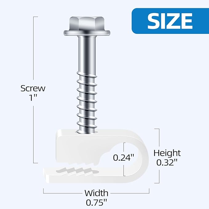 White Cable Clips with Inserted Screws, Flexible Single Cable Screw Clips, Electrical Wire Fastener, 50 PCS