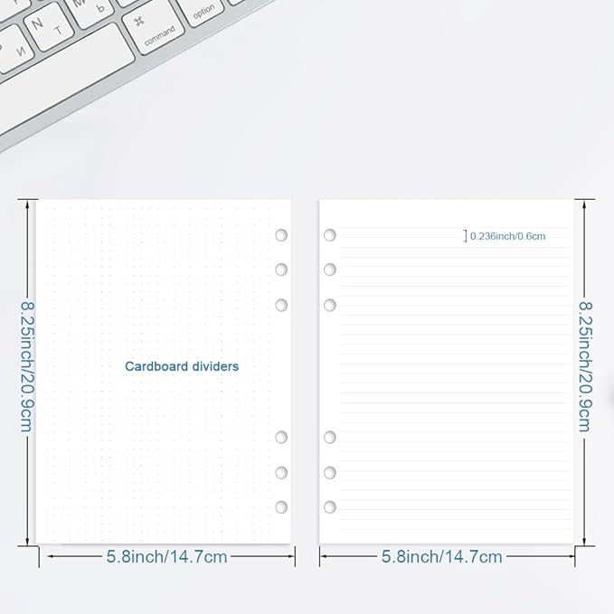 A5 6-Hole Refill Paper, A5 Planner Inserts,100 Sheets Include 80 Lined + 20 Dotted, 5 Colored Index Dividers,Binder Inserts, 100gsm 6 Ring Loose Leaf Paper for Planner, Bullet Journal, Notes,5.8"x8.3"