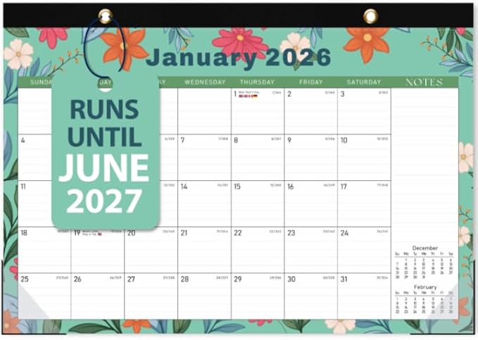 2026 Desk Calendar, Monthly Desk Pad Calendar, Jan 2026 - Jun 2027, Large Size 17"x12" Table Planner with Protect Paper, Stickers, Office Supplies and Desk Accessories for Women (Flower-E)