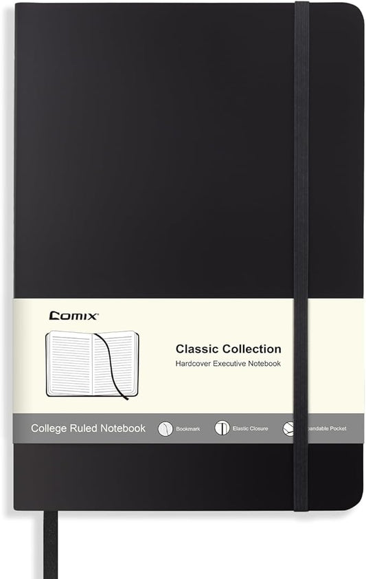 Comix Lined Journal Notebook for Women Men, Journaling Notebooks for Office School Home, 240 Pages, 5.5" x 8.3", College Ruled, A5, Hardcover, Black