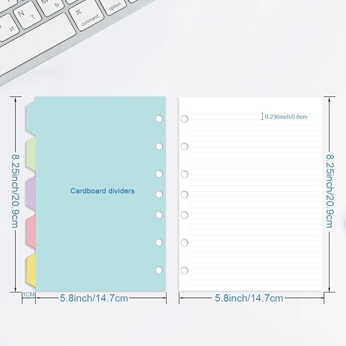 A5 7 Hole Refill Paper,A5 Planner Inserts, Binder Inserts,100 Sheets 6mm Line Spacing Paper with 5 Colored Index Dividers, Narrow Ruled,6 Ring Loose Leaf for Planners, Binders,5.8"x8.3"