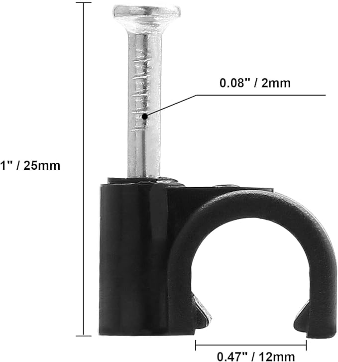 100pcs 1/2" / 12mm Half Clamp J-Hook with Nail, Nail in Cable Clips Ethernet Cable Nails Tacks Clips, Black