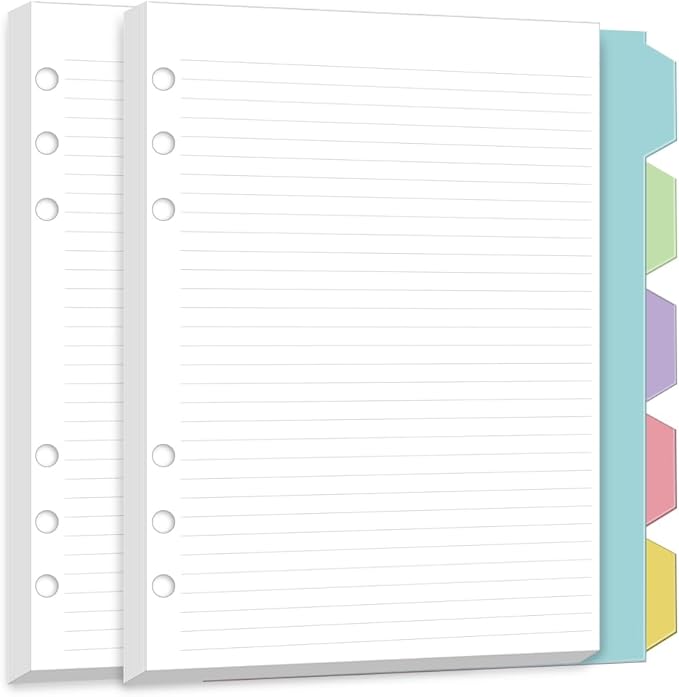 A5 6 Hole Refill Paper,A5 Planner Inserts, Binder Inserts,100 Sheets 6mm Line Spacing Paper,5 Colored Index Dividers, Narrow Ruled,6 Ring Loose Leaf for Planners, Binders,5.8"x8.3"