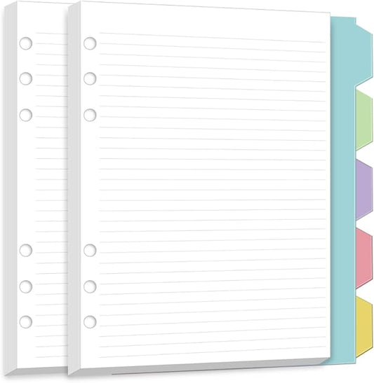 A5 6 Hole Refill Paper,A5 Planner Inserts, Binder Inserts,100 Sheets 6mm Line Spacing Paper,5 Colored Index Dividers, Narrow Ruled,6 Ring Loose Leaf for Planners, Binders,5.8"x8.3"