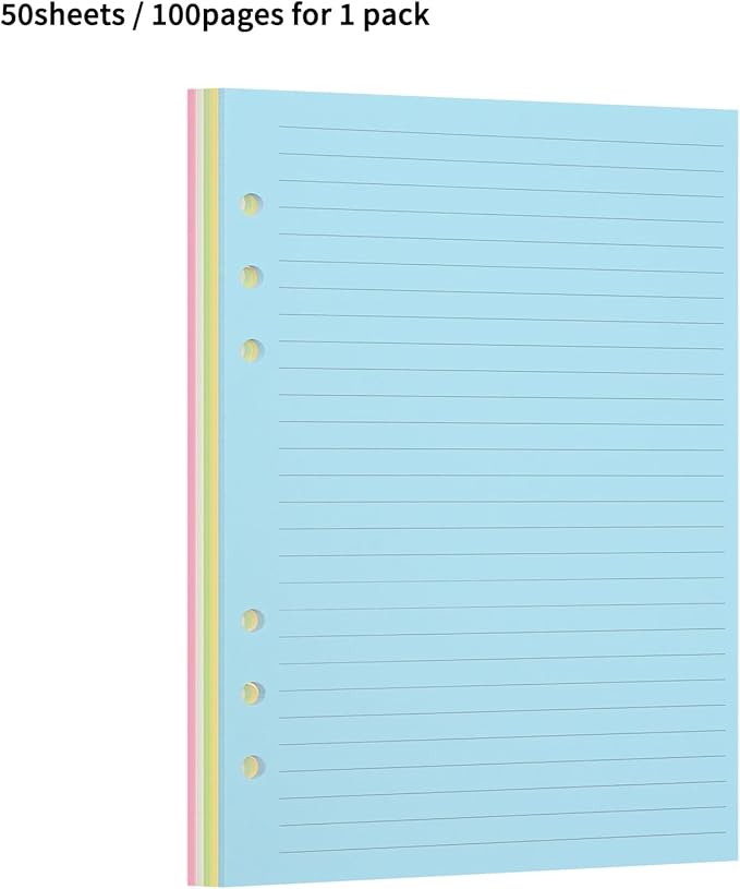 A5 Lined Notebook Paper,Color Loose Leaf Paper for 6-Ring Binder Planner Organizer, 6-Hole Binder Refill Paper Insert, 50 Sheets/100 Pages,Ruled (8.25 x 5.6") (1)
