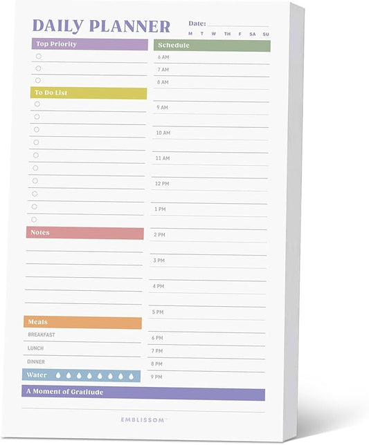 Daily Planner Notepad, 5.5 x 8.5" Tear-Off Pad – 70 Undated Sheets Focus-Enhancing Desktop Organizer with Hourly Schedule, To-Do List for Work, School (White, Colorful, 1 Pack)
