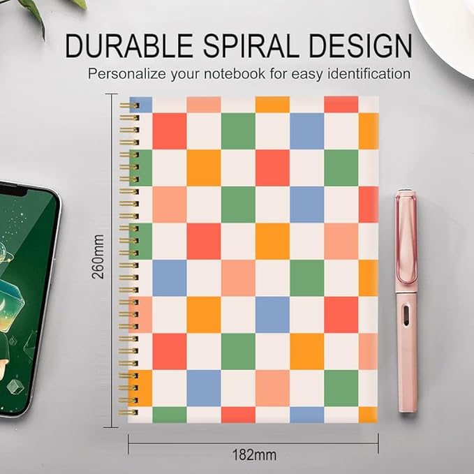 Spiral Journal Notebook for Women,A5 College Ruled Notebooks 6"x 8.4", 120 Pages (60 Sheets) Lined Journal with Premium Thick Paper,Perfect for School Office Home(Retro Colorful Checkered)