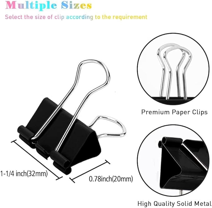 Medium Binder Clips, 144 Pack, 1-1/4 Inch, Standard 32mm, Black, Capacity 0.6 Inch, 1.25 Inch Medium Clips, Fold Clamp, Office Supplies