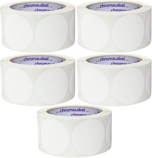 ChromaLabel 2 Inch Circle Sticker Labels, Easy to Write On Round White Stickers, Permanent Adhesive Blank Stickers for Labeling - 500 Sticky Dots per Roll, White - Case of 5