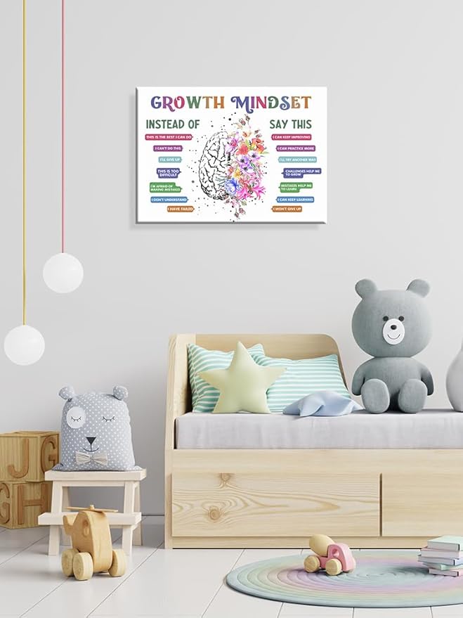 uoyien Classroom Growth Mindset Affirmations for Kids Mental Health Posters Brain Poster Psychology Special Education Calm Corner Wall Art Office Therapy Canvas Wall Decor Prints 12x16in Wrapped Canvas