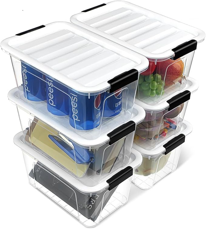 Plastic Storage Bins with Lids 6 Pack, 7 Quart Storage Containers with Black Buckle Latch, Stackable Storage Containers for Home Pantry Office Classroom Organization, White