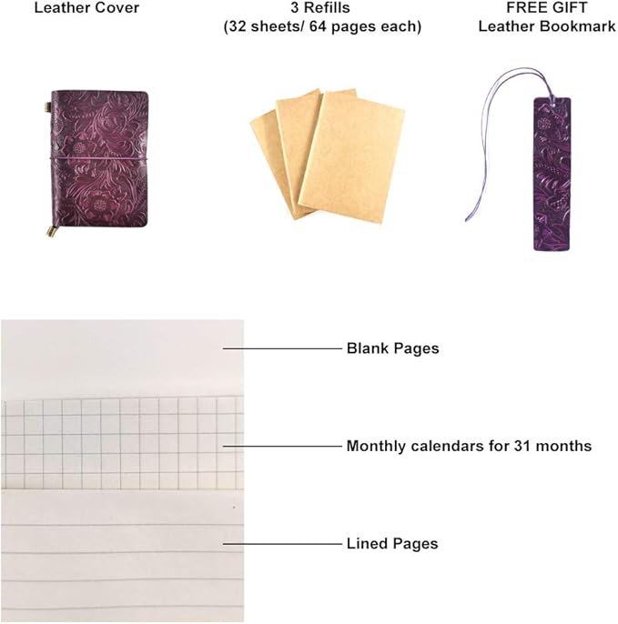 Refillable Leather Journal, Handmade Purple Leather Notebook with Bookmark for Men & Women, Vintage Notepad Sketchbook Perfect for Writing, Gifts, Travelers (Purple, Passport)