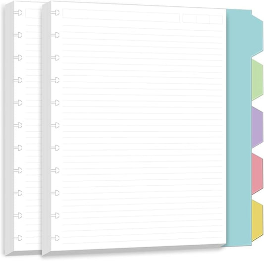 Discbound Letter Size Lined Paper Refill,100 Sheets (200 Pages), 8.5 in x 11 in, 100 GSM, 11 Disc Notebooks,Loose Leaf Planner Refills, 5 Colored Index Dividers,College ruled