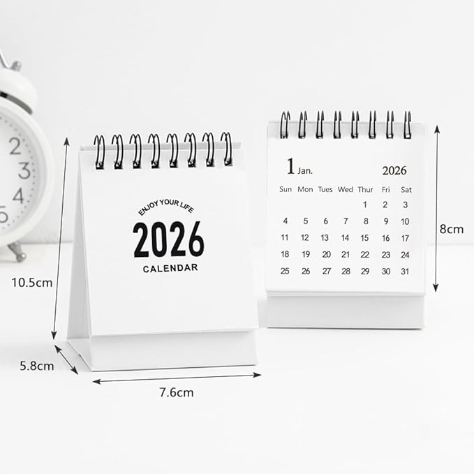 Mini Desk Calendar 2026 - Small Desk Calendar Runs January 2026 to June 2027, Monthly Calendar 250gsm Thick Paper Twin-Wire Binding with Stickers for Home Office School (Mini white)