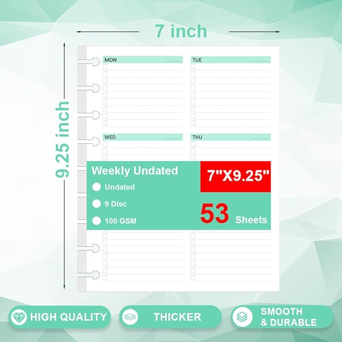Classic Size Undated Weekly Planner Inserts - 53 Sheets/106 Pages Undated Colorful Weekly Planner, 9 Discbound, TUL Planner Refills,Weekly Plan (Left), Daily Details (Right), Lasts 1 Year, 7" x 9.25"