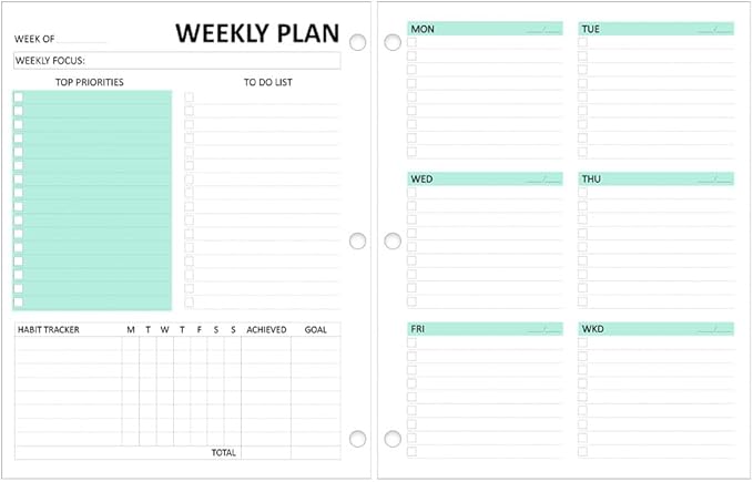 Letter Size Undated Weekly Planner Refills,53 Sheets/106 Pages Undated Colorful Weekly Planner,A4 Planner Inserts,3 Holes pouched,Weekly Plan (Left), Daily Details (Right), Lasts 1 Year, 8-1/2" x 11"