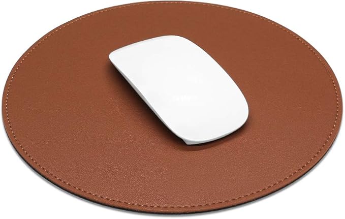 ProElife Premium Cute Round Mouse Pad Mat Waterproof PU Leather 8.66-Inch Mousepad with Anti-Skid Base Stitched Edge for Home Office Gaming Computer Laptop Accessories (Brown)