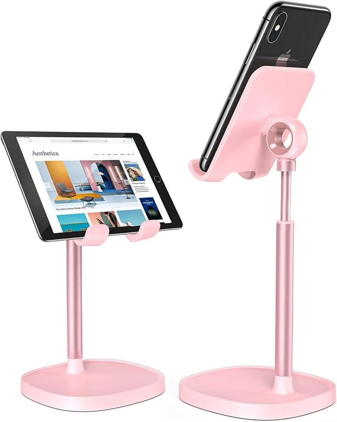 LISEN Pink Gifts Home Room Decor, Cute Phone Stand Desk Accessories for Women Office Supplies, Pink Kitchen Decor for iPhone Women Teen Girls Kawaii Essentials Vanity Decor Fits Switch iPad 4-10in
