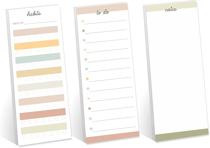 Productivity Sticky Note Assortment/Set of 3 Multi-Color Note Pads / 3" x 8" Daily Task Trackers / 50 Sheets Per Pad/Made in USA