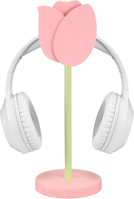 Yookeer Cute Headphone Stand Decorative Tulip Headphone Stand Cute Pink Flower Wood Desk Decor for Gamer Room Office Desk Christmas Gaming Gifts for Girlfriend Office Worker