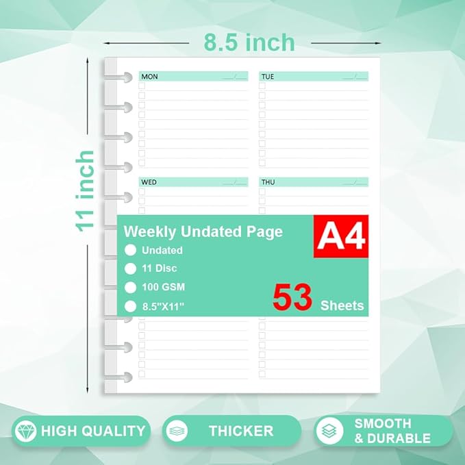 Letter Size Undated Weekly Planner Inserts - 53 Sheets/106 Pages, 11 Discbound, A4 planner Refills, Weekly Plan (Left), Daily Details (Right), Lasts 1 Year, Undated, 8-1/2" x 11"