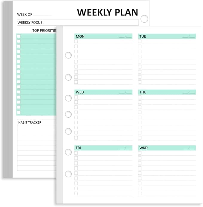 Undated Weekly Planner Refills for A5 Planner Binder - 53 Sheets/106 Pages Undated Colorful Weekly Planner Inserts, 7-Hole Punched, Weekly Plan (Left), Daily Details (Right), A5 Planner Inserts, Lasts 1 Year, Undated, 5.8" x 8.25"