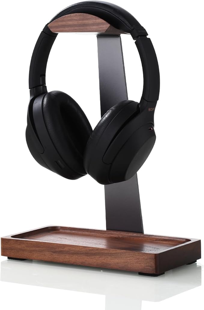 Walnut Headphone Stand, Wooden Headset Stand for Desk, Wood Gaming Headphone Holder with Storage Base for Airpod max, Bose, Razer, Sennheiser, Jabra, JBL, AKG, Vintage Gift for Men