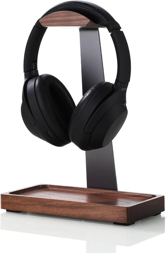 Walnut Headphone Stand, Wooden Headset Stand for Desk, Wood Gaming Headphone Holder with Storage Base for Airpod max, Bose, Razer, Sennheiser, Jabra, JBL, AKG, Vintage Gift for Men