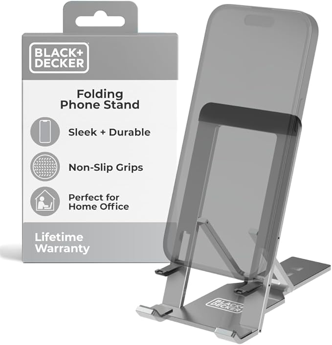 BLACK+DECKER Phone Stand for Desk - Folding Cell Phone Stand Holder - Adjustable and Portable, Folds Down Flat - for Office, Gaming, Bed, Travel - Phone Kickstand Compatible with iPhone
