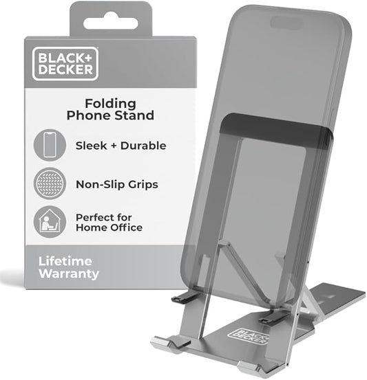 BLACK+DECKER Phone Stand for Desk - Folding Cell Phone Stand Holder - Adjustable and Portable, Folds Down Flat - for Office, Gaming, Bed, Travel - Phone Kickstand Compatible with iPhone