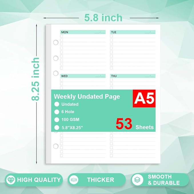 Undated Weekly Planner Refills for A5 Planner Binder - 53 Sheets/106 Pages Undated Colorful Weekly Planner Inserts, 6-Hole Punched, Weekly Plan (Left), Daily Details (Right), A5 Planner Inserts, Lasts 1 Year, Undated, 5.8" x 8.25"