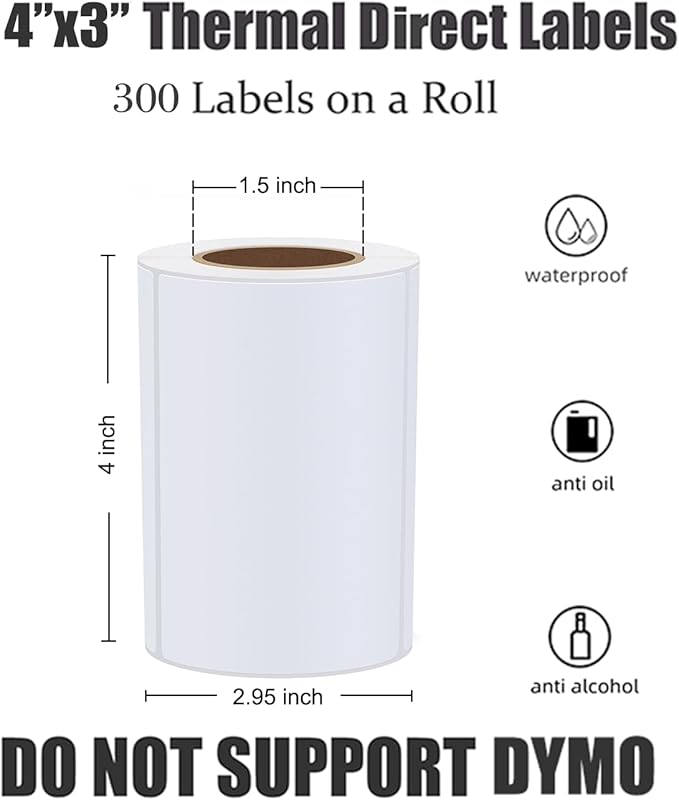 Hybsk 4x3 inch Direct Thermal Labels for Shipping, Barcodes, Address, Compatible with Rollo Label Printer & Zebra Desktop Printers (1 Roll White)