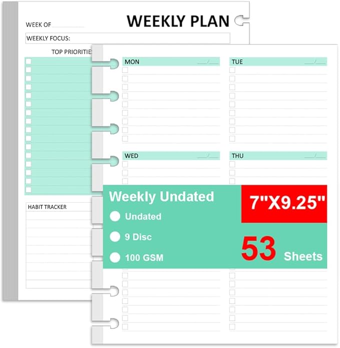 Classic Size Undated Weekly Planner Inserts - 53 Sheets/106 Pages Undated Colorful Weekly Planner, 9 Discbound, TUL Planner Refills,Weekly Plan (Left), Daily Details (Right), Lasts 1 Year, 7" x 9.25"