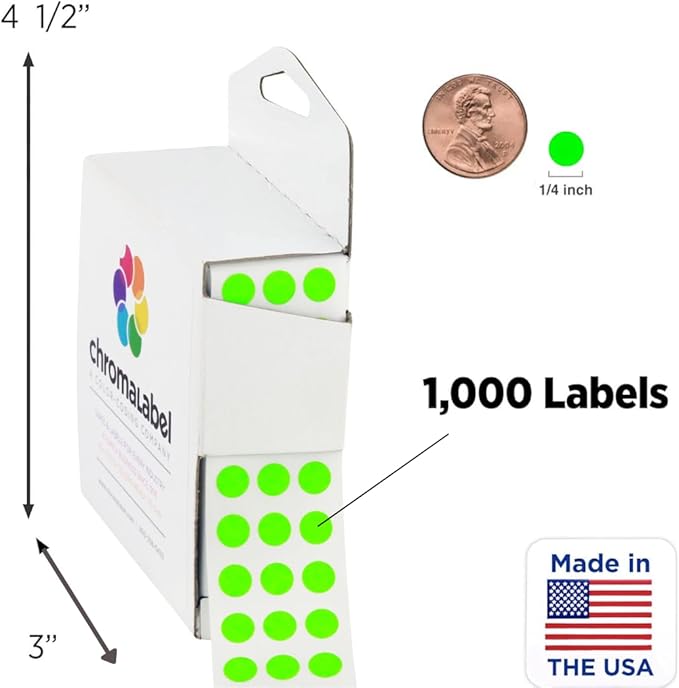 ChromaLabel 1/4 Inch Circle Sticker Labels, Dot Stickers with Dispenser, Adhesive Dot Stickers - 1000 Sticky Dots per Dispenser Box, Fluorescent Green, Red, Fluorescent Pink, and Dark Blue Labels