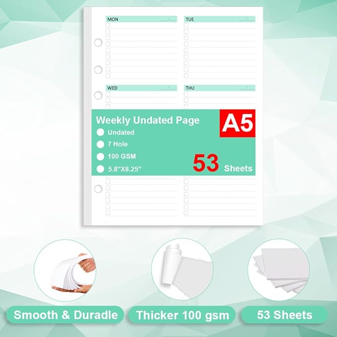 Undated Weekly Planner Refills for A5 Planner Binder - 53 Sheets/106 Pages Undated Colorful Weekly Planner Inserts, 7-Hole Punched, Weekly Plan (Left), Daily Details (Right), A5 Planner Inserts, Lasts 1 Year, Undated, 5.8" x 8.25"
