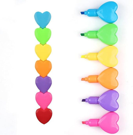 Set of 6 Love Heart Shape Color Highlighter Markers with 1 Red Heart Cap, Multicolor Highlighter Pens for Office.
