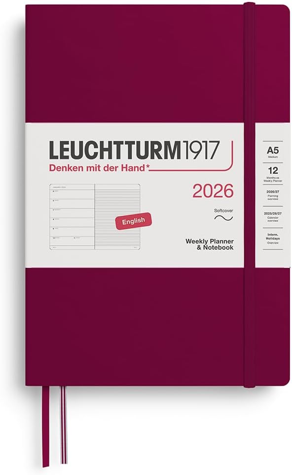 LEUCHTTURM1917 - Weekly Planner & Notebook 2026, Softcover, Medium (A5), Ruled, Port Red (Jan 1 - Dec 31, 2026)
