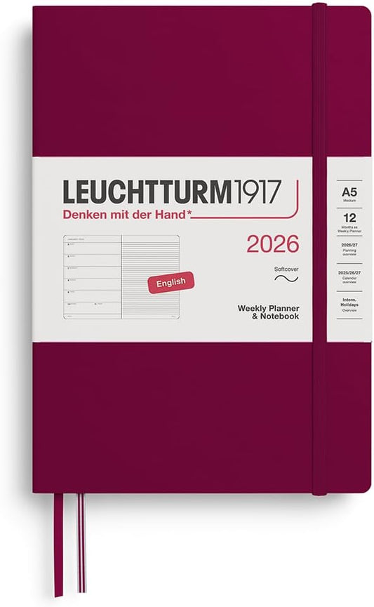 LEUCHTTURM1917 - Weekly Planner & Notebook 2026, Softcover, Medium (A5), Ruled, Port Red (Jan 1 - Dec 31, 2026)