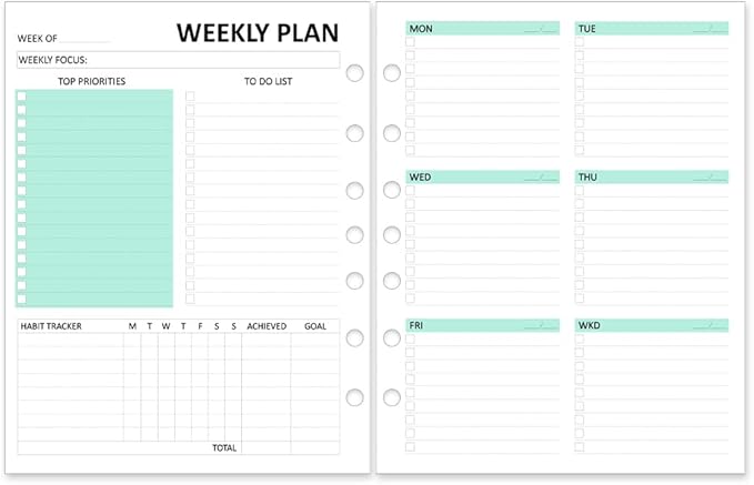 Undated Weekly Planner Refills for A5 Planner Binder - 53 Sheets/106 Pages Undated Colorful Weekly Planner Inserts, 7-Hole Punched, Weekly Plan (Left), Daily Details (Right), A5 Planner Inserts, Lasts 1 Year, Undated, 5.8" x 8.25"