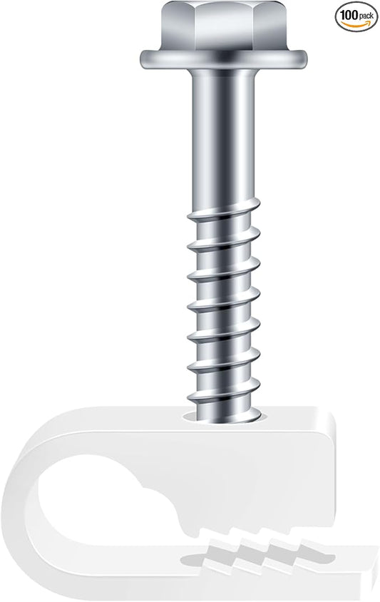 White Cable Clips with Inserted Screws, Flexible Single Cable Screw Clips, Electrical Wire Fastener, 100 PCS